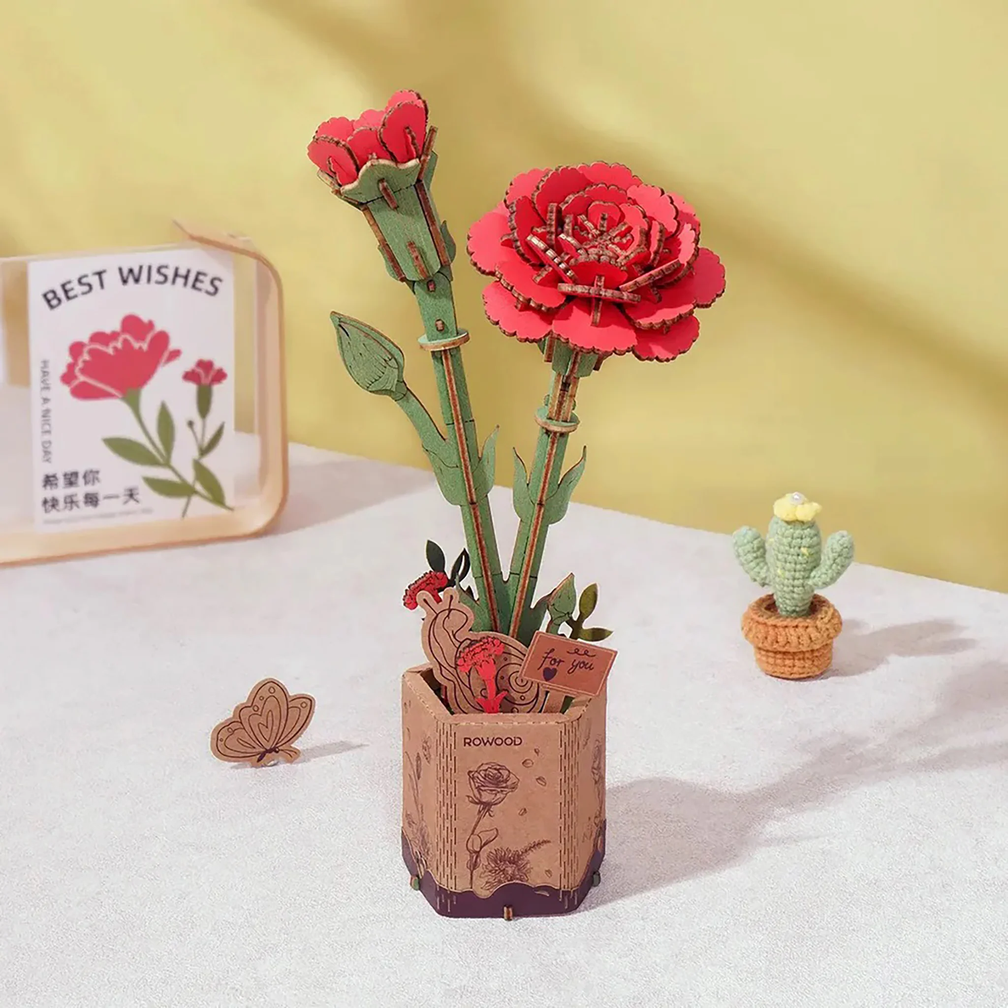 3D Wooden Flower Puzzle - Red Carnation - Image 2