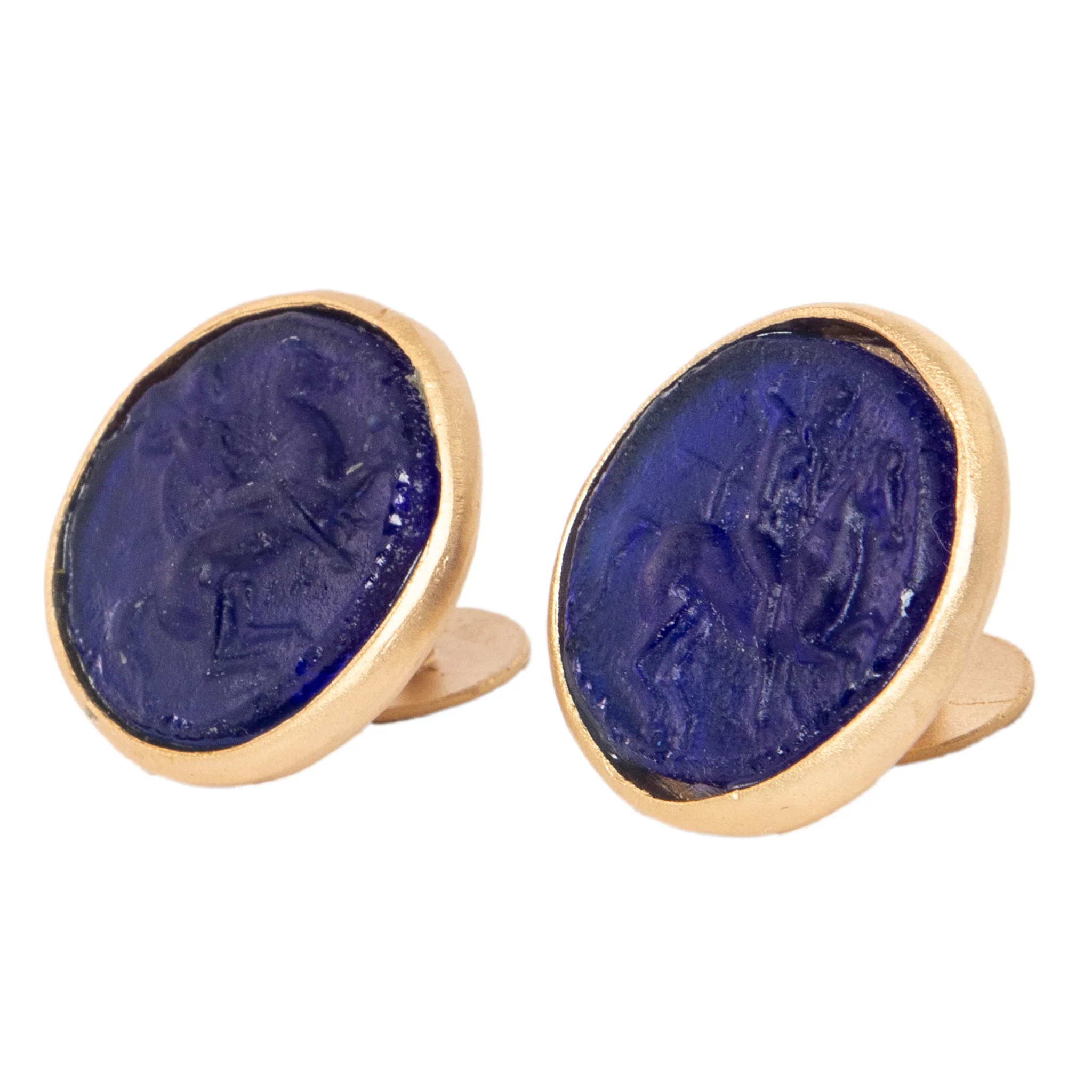 Glass Mounted Warrior Coin Motif Cuff Links (Cobalt Tone) - Image 3