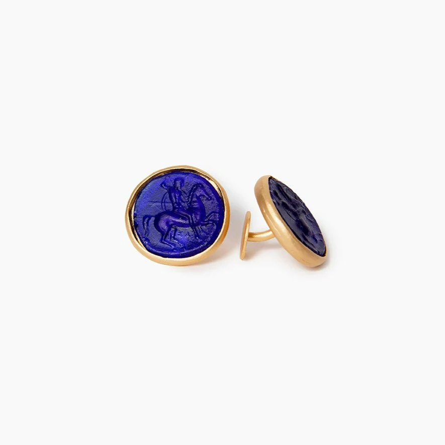 Glass Mounted Warrior Coin Motif Cuff Links (Cobalt Tone) - Image 5