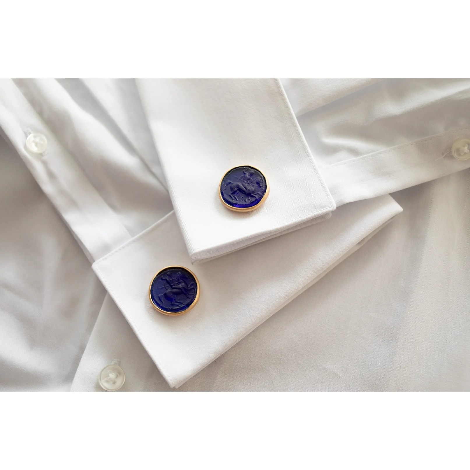 Glass Mounted Warrior Coin Motif Cuff Links (Cobalt Tone) - Image 6