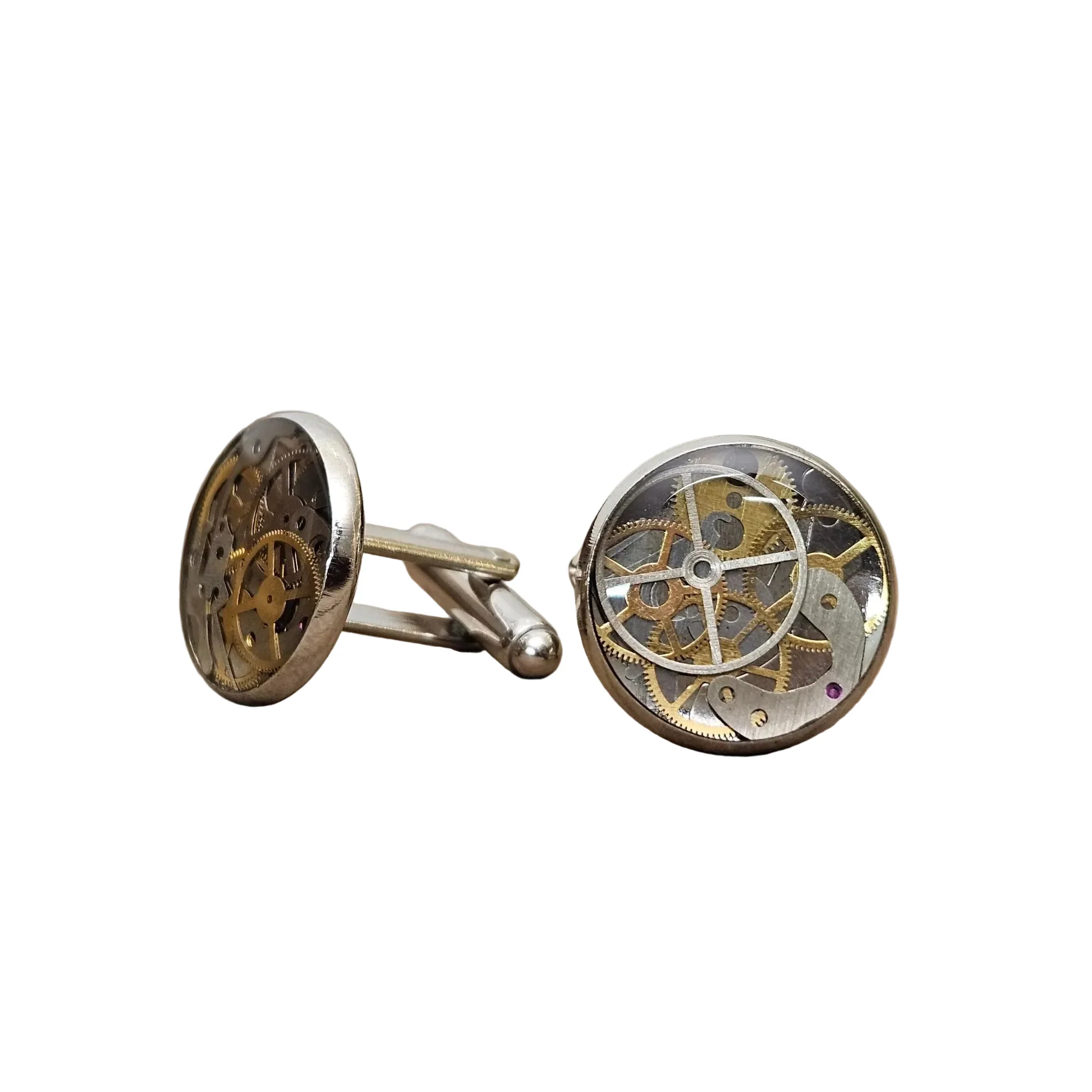 Silver Cufflinks with Upcycled Watch Parts - Image 2