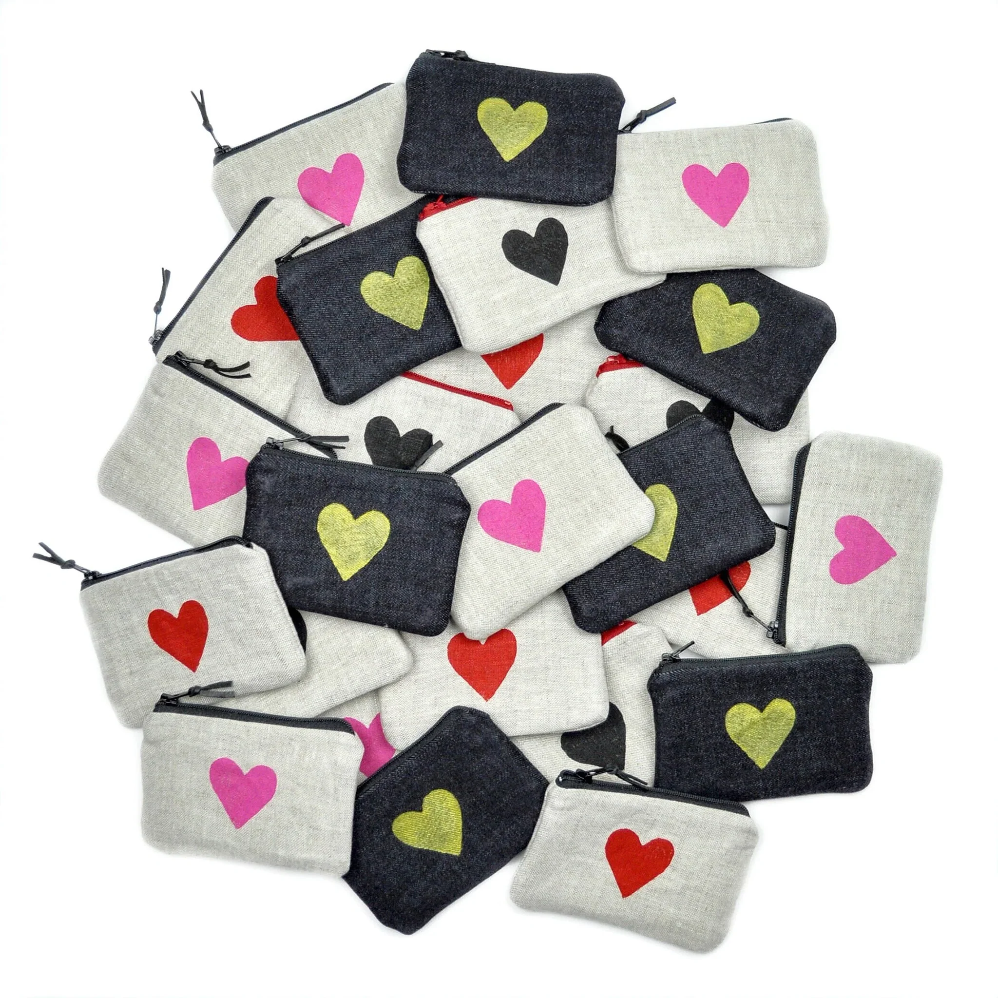 Heart Blockprint Cotton Canvas Coin Purse - Assorted