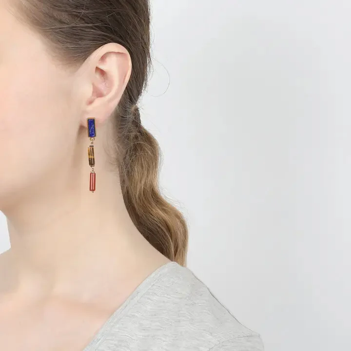 Lapis, Tiger Eye & Jasper Post Drop Earrings - Image 2