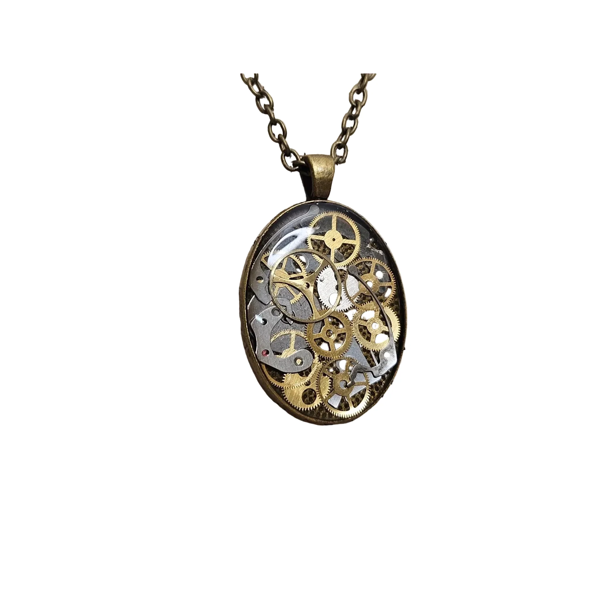 Bronze Oval Necklace with Upcycled Watch Parts