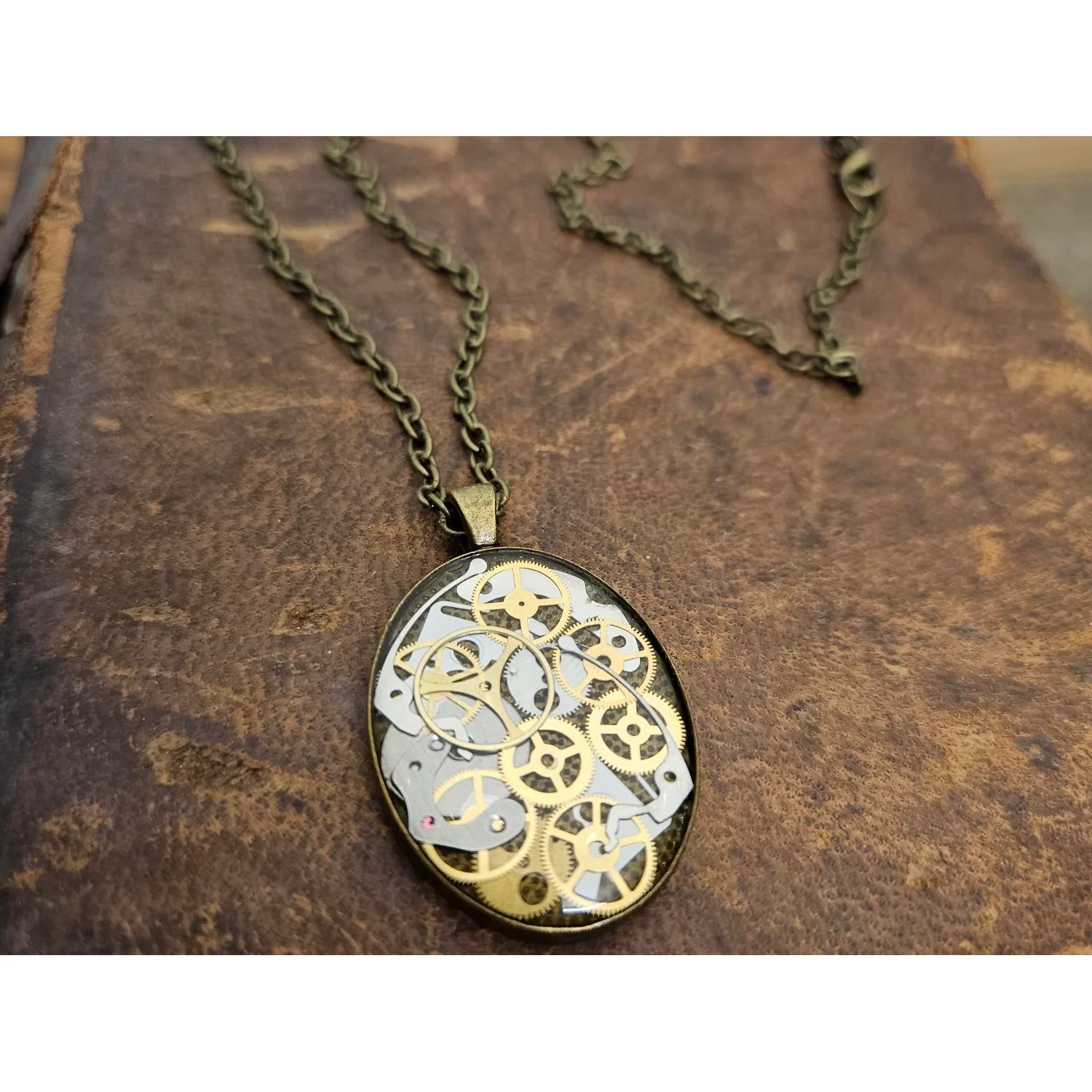 Bronze Oval Necklace with Upcycled Watch Parts - Image 2