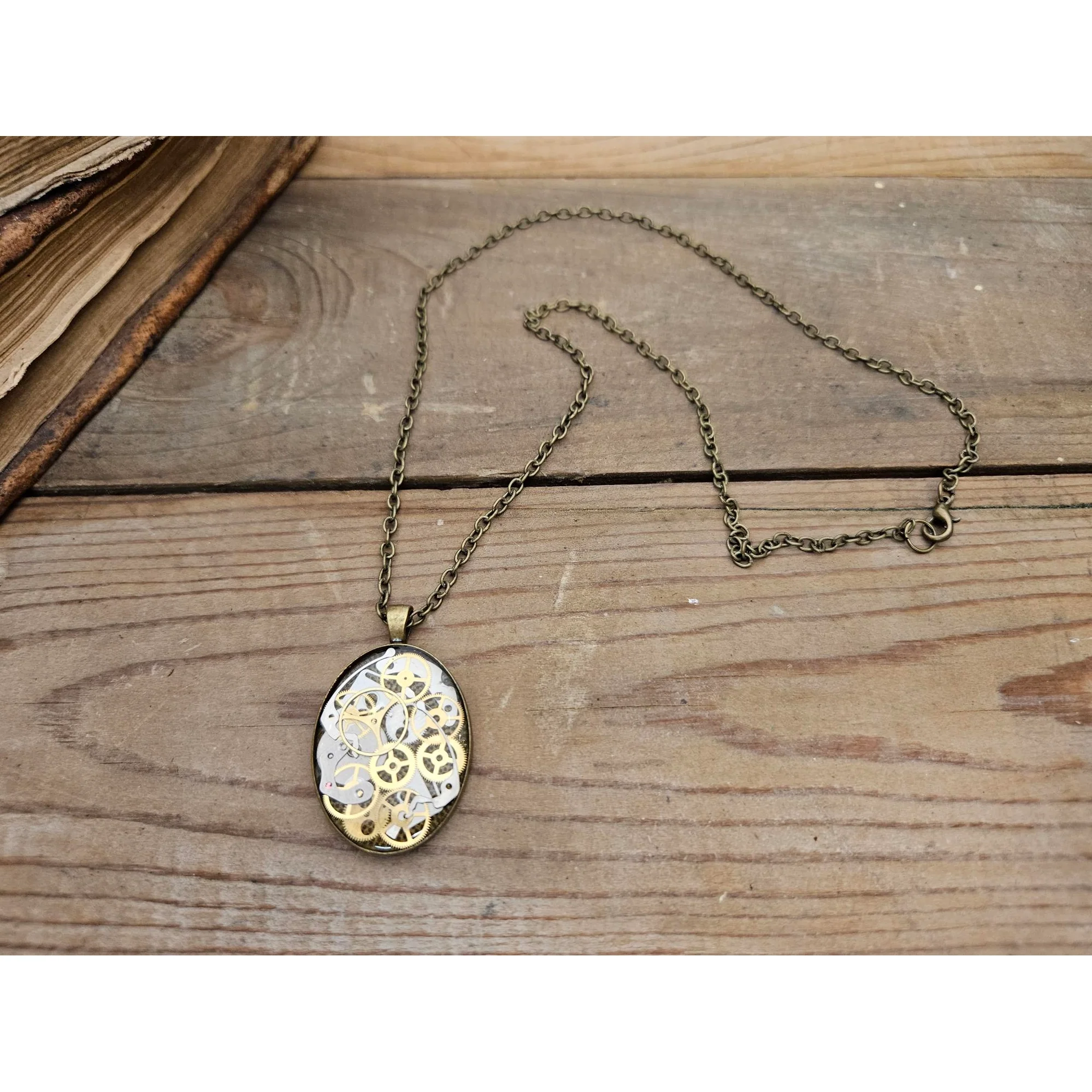 Bronze Oval Necklace with Upcycled Watch Parts - Image 3