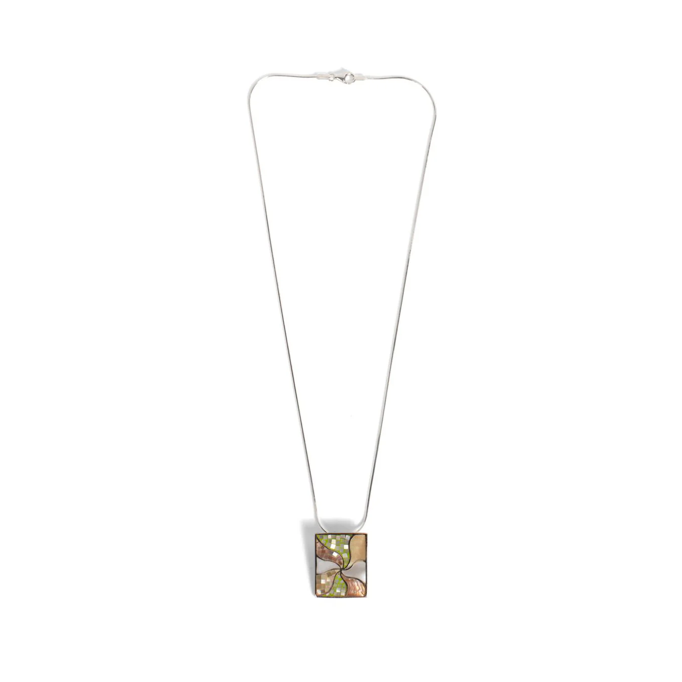 Mother-of-Pearl Rectangle Multi-Tone Mosaic Pendant Necklace - Image 2